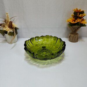 Colony Indiana Avocado Green Glass Serving Bowl Sunflower Pattern Scalloped Edge
